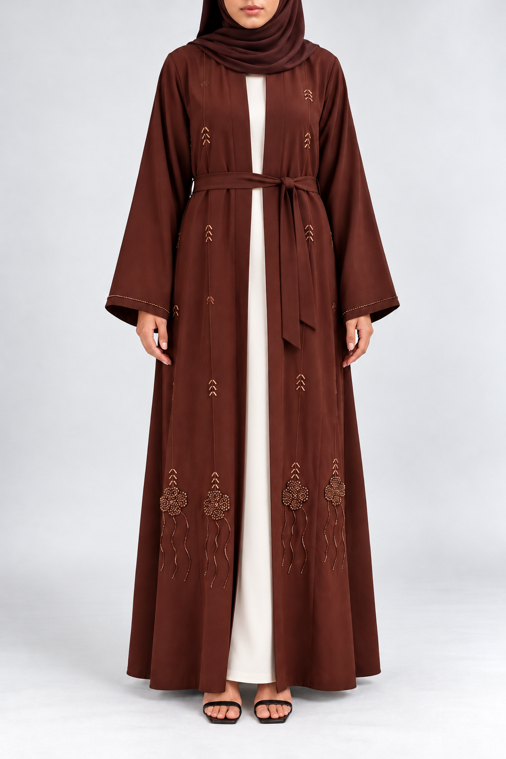 Zahra Embellished Open Abaya - Chestnut Brown
