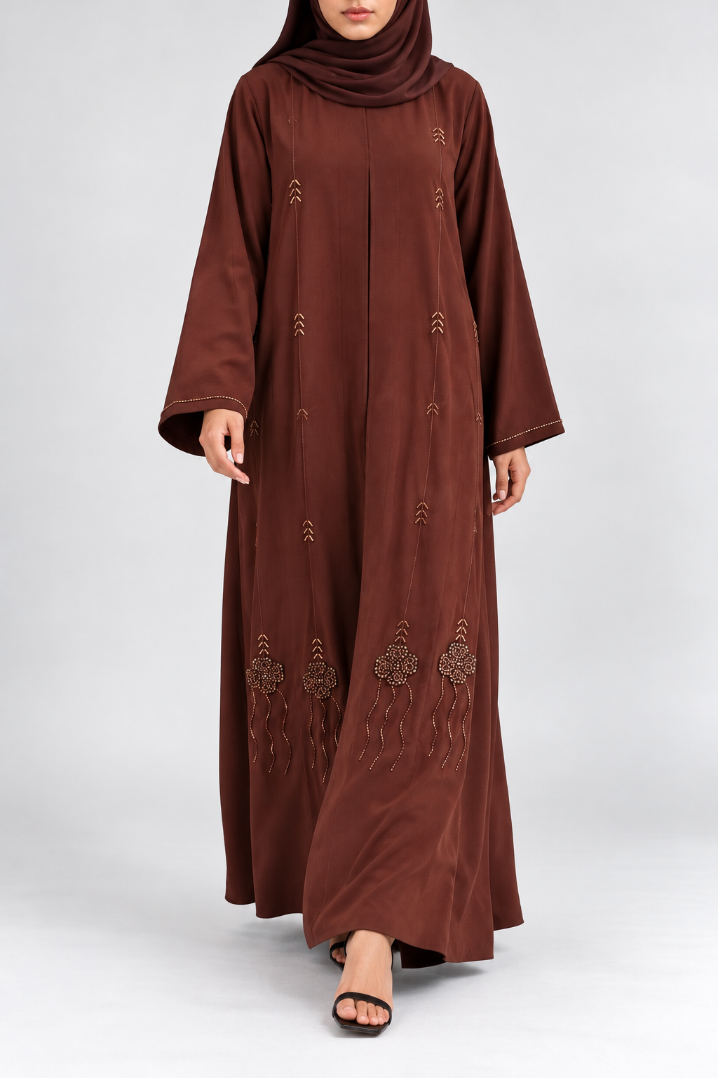 Zahra Embellished Open Abaya - Chestnut Brown