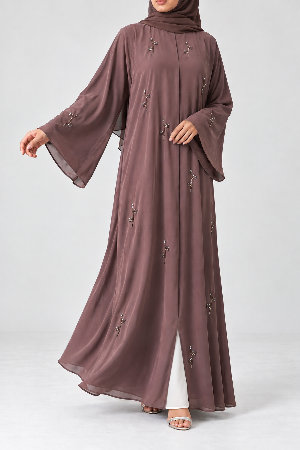 Elara Embellished Chiffon Abaya - Dusty Mauve