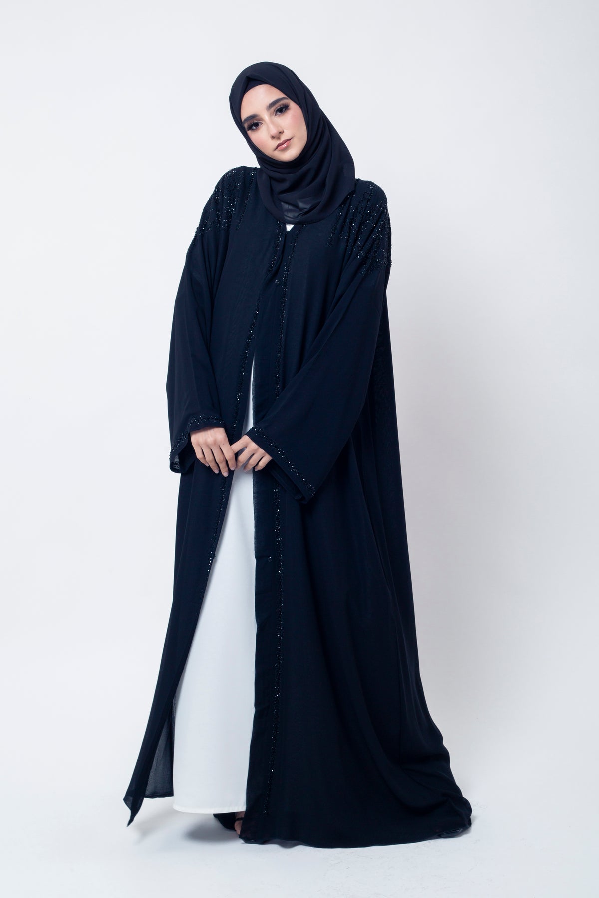 Premium Ebony Chiffon Glistening Open Abaya