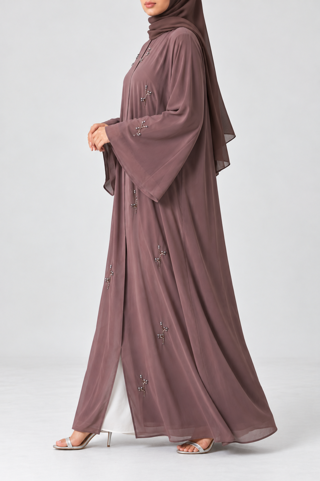 Elara Embellished Chiffon Abaya - Dusty Mauve