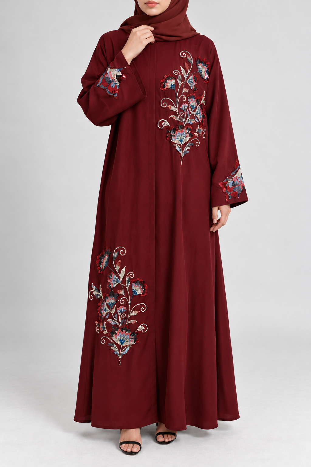 Burgundy Floral Embellished Abaya