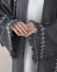 Grey Linen Look Frayed Sleeve Open Abaya