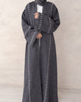 Grey Linen Look Frayed Sleeve Open Abaya