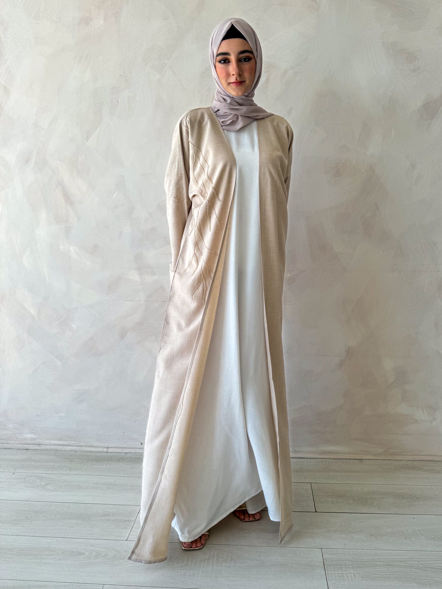 Nude Linen Blend Embellished Abaya