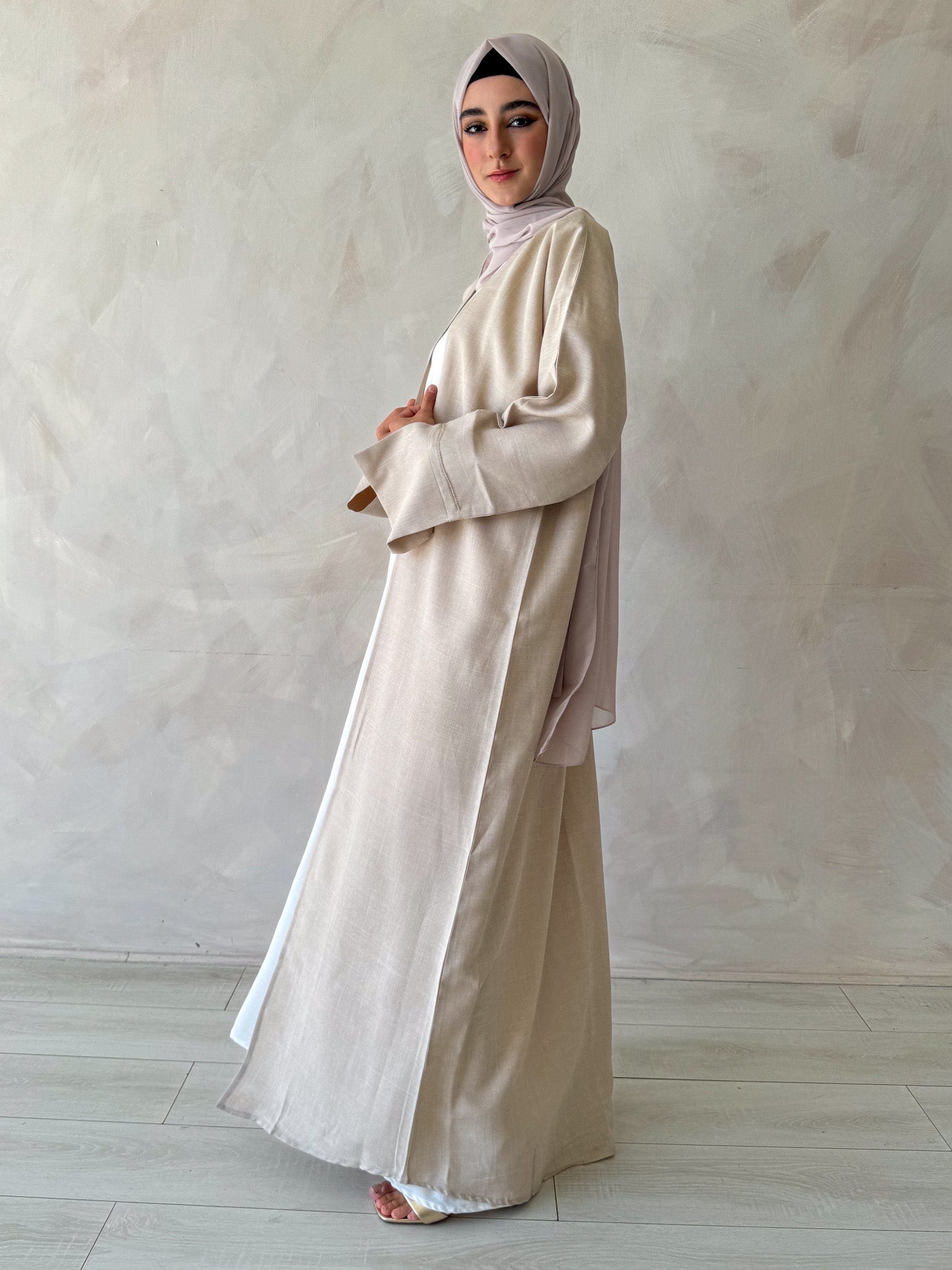 Nude Linen Blend Embellished Abaya