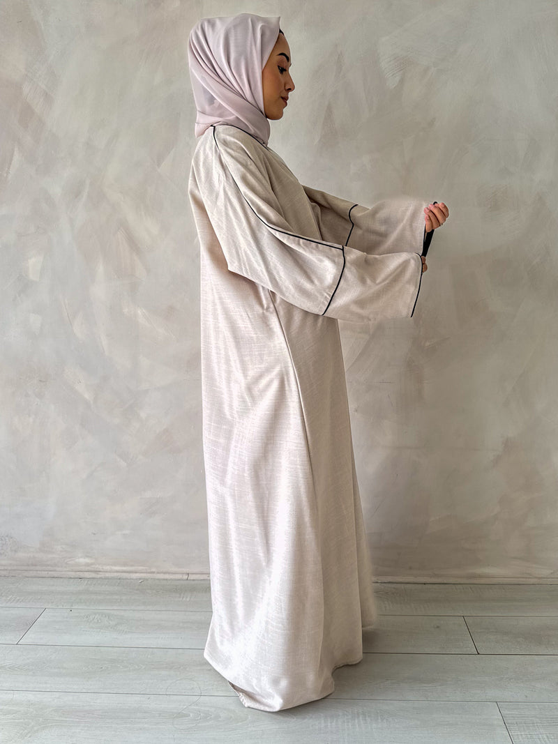 Beige Linen Abaya with Black Piping Detail