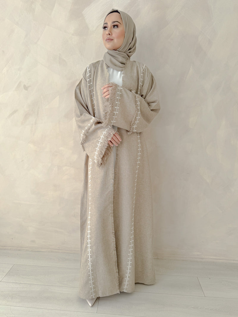 Oatmeal Linen Blend Frayed Sleeve Open Abaya