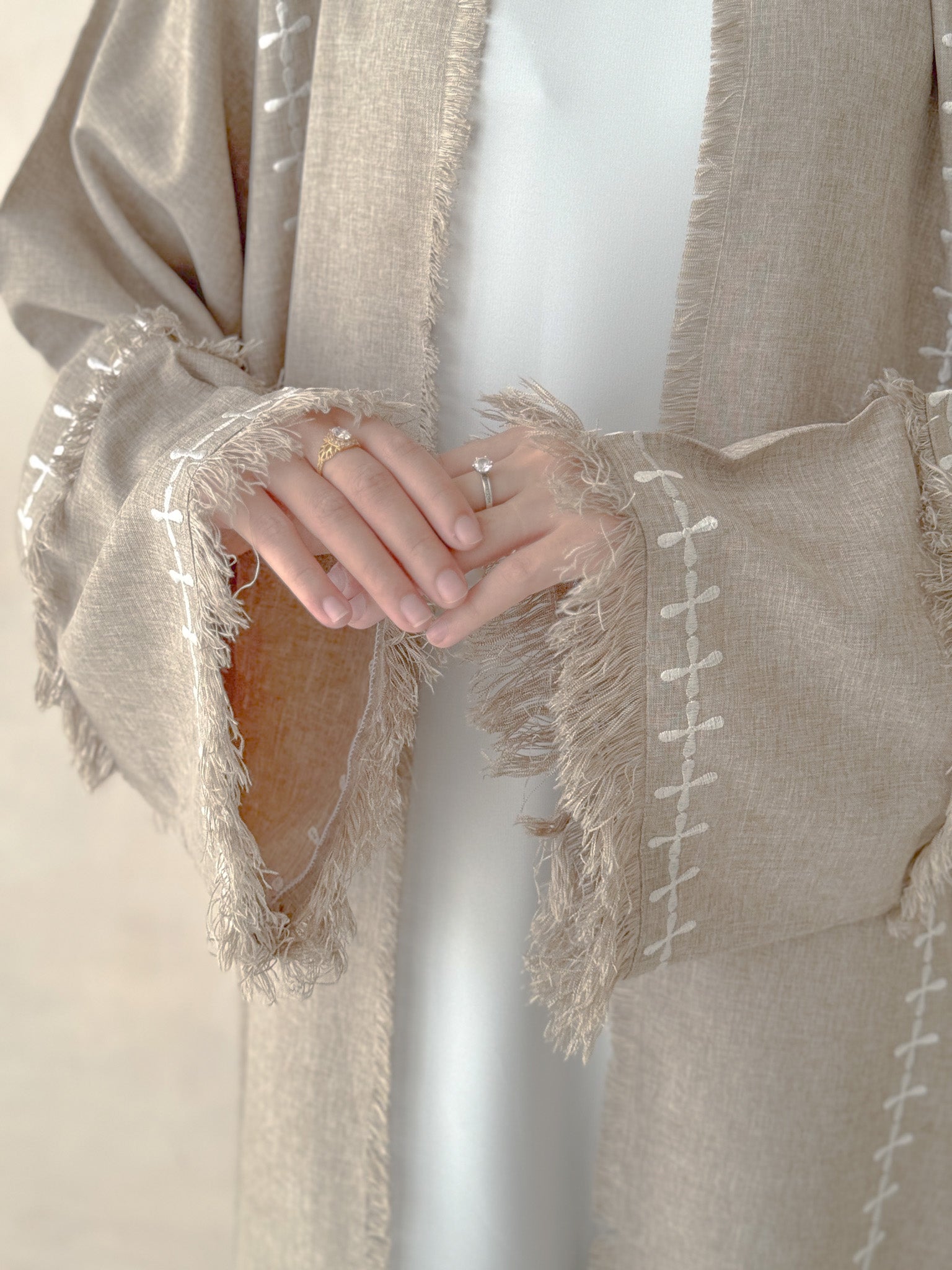 Oatmeal Linen Blend Frayed Sleeve Open Abaya