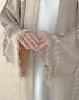 Oatmeal Linen Blend Frayed Sleeve Open Abaya