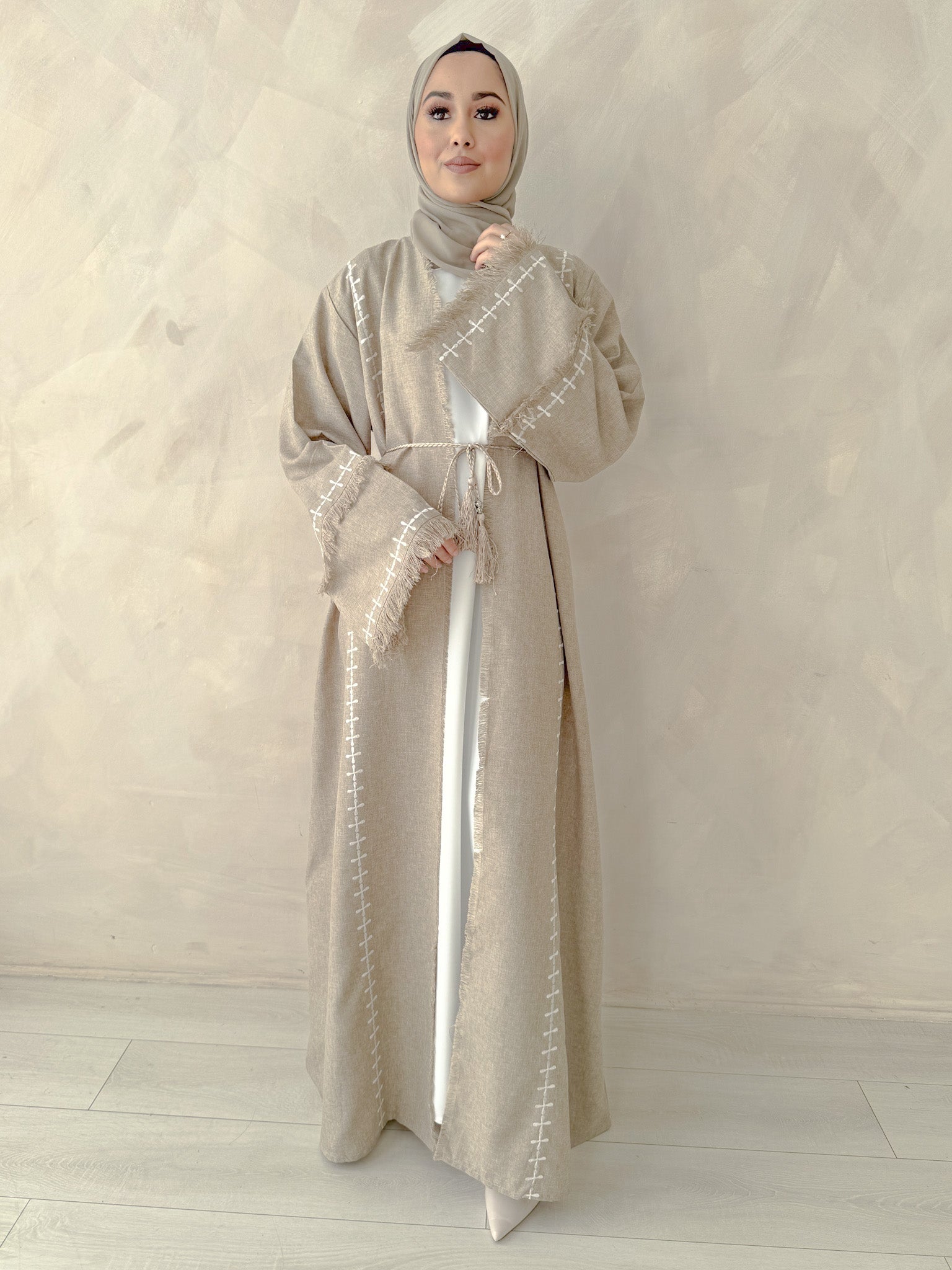 Oatmeal Linen Blend Frayed Sleeve Open Abaya