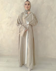 Oatmeal Linen Blend Frayed Sleeve Open Abaya