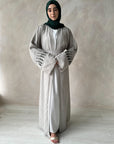 Light Grey Linen Blend Open Abaya