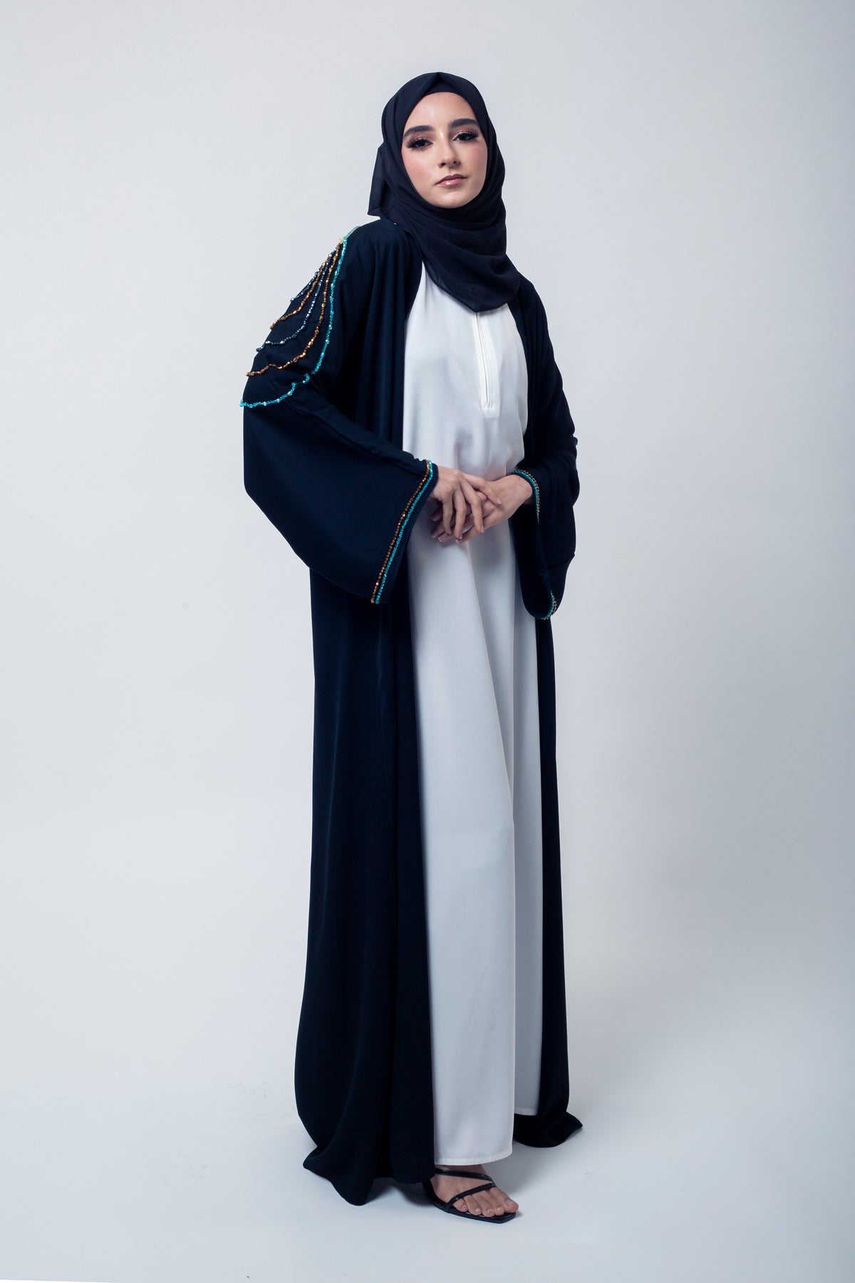 Luxury Black Shoulder Embellishment Open Abaya