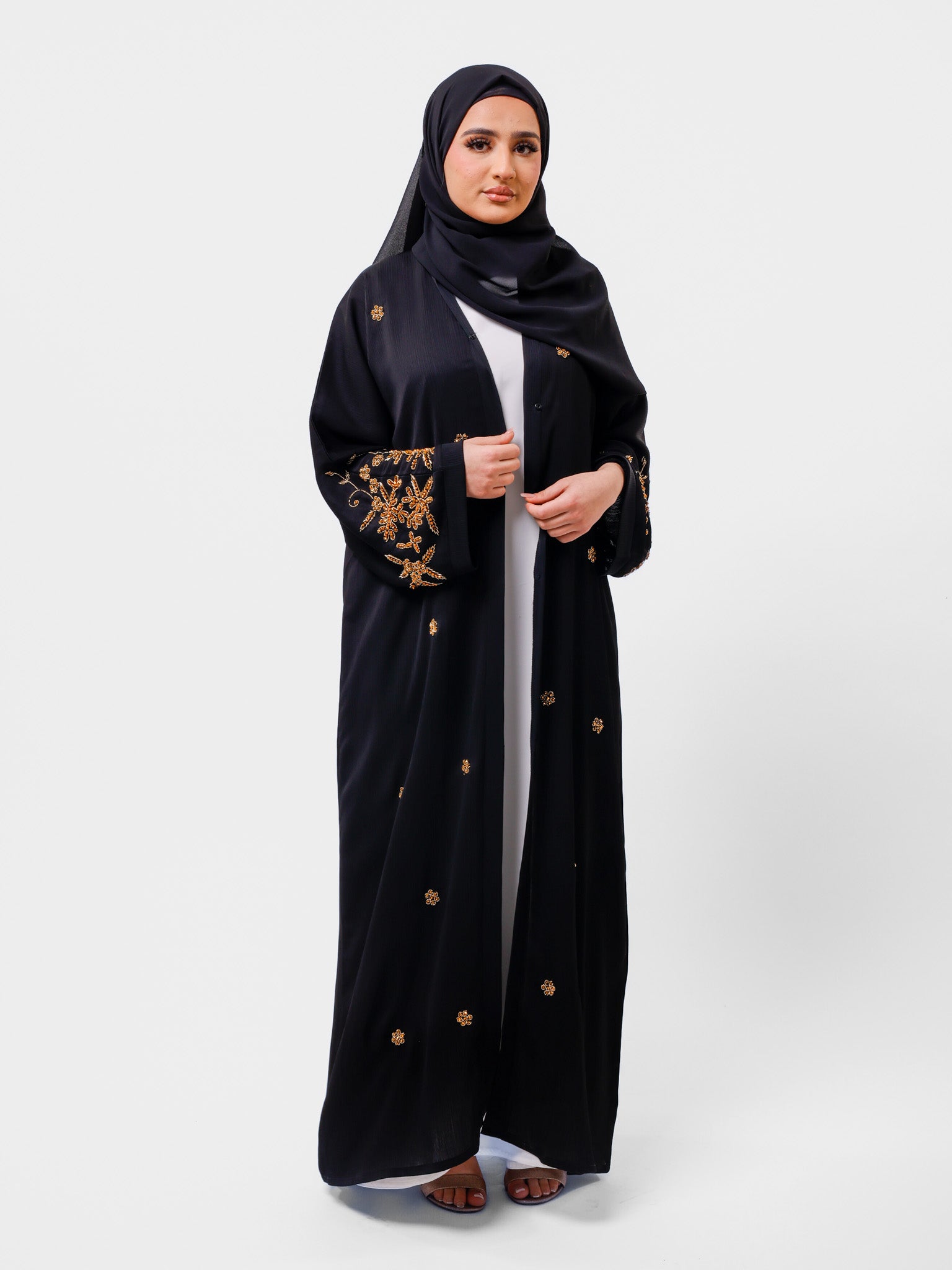 Premium Black Open Abaya With Gold Detailed Cuffs