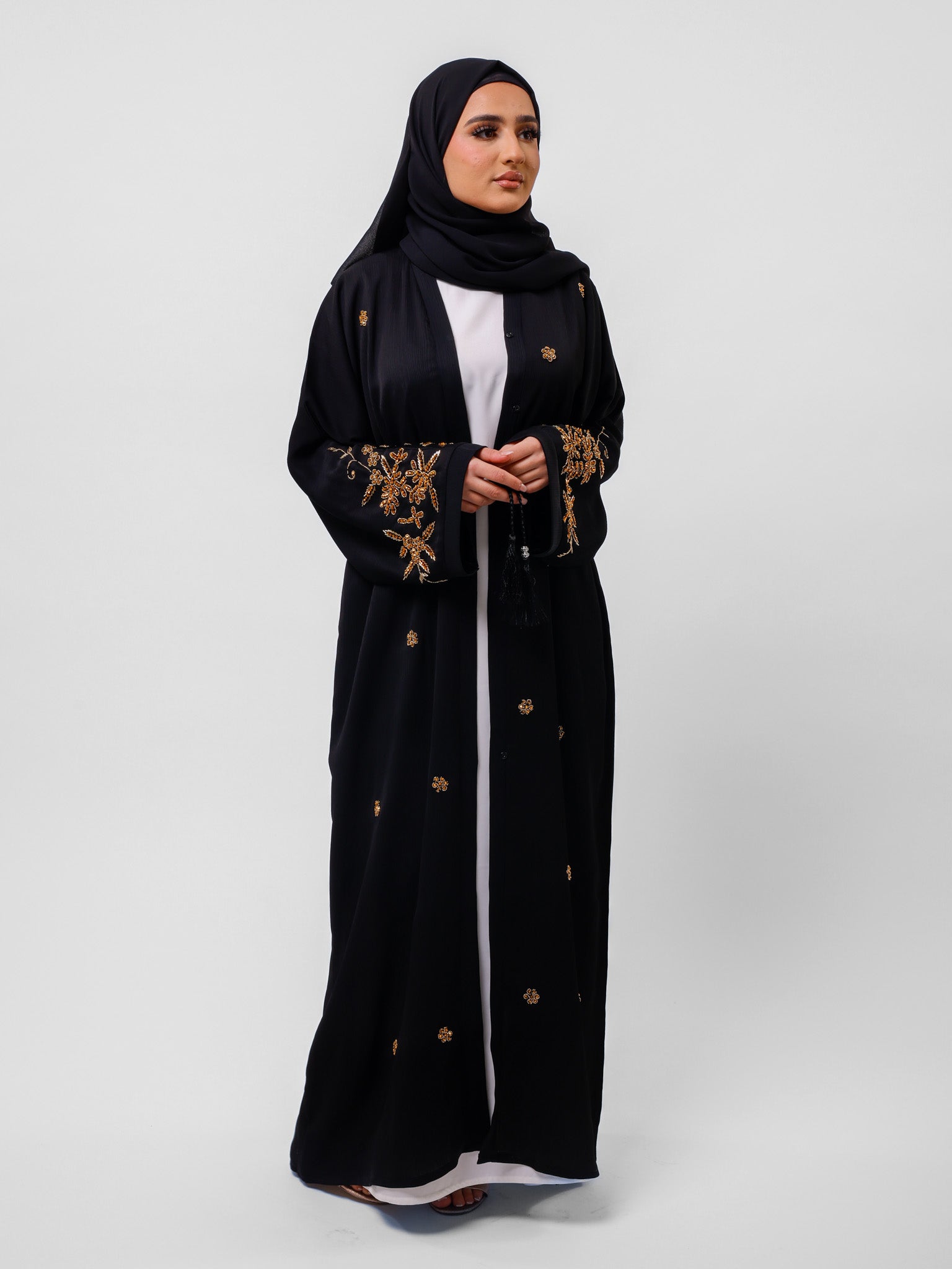 Premium Black Open Abaya With Gold Detailed Cuffs