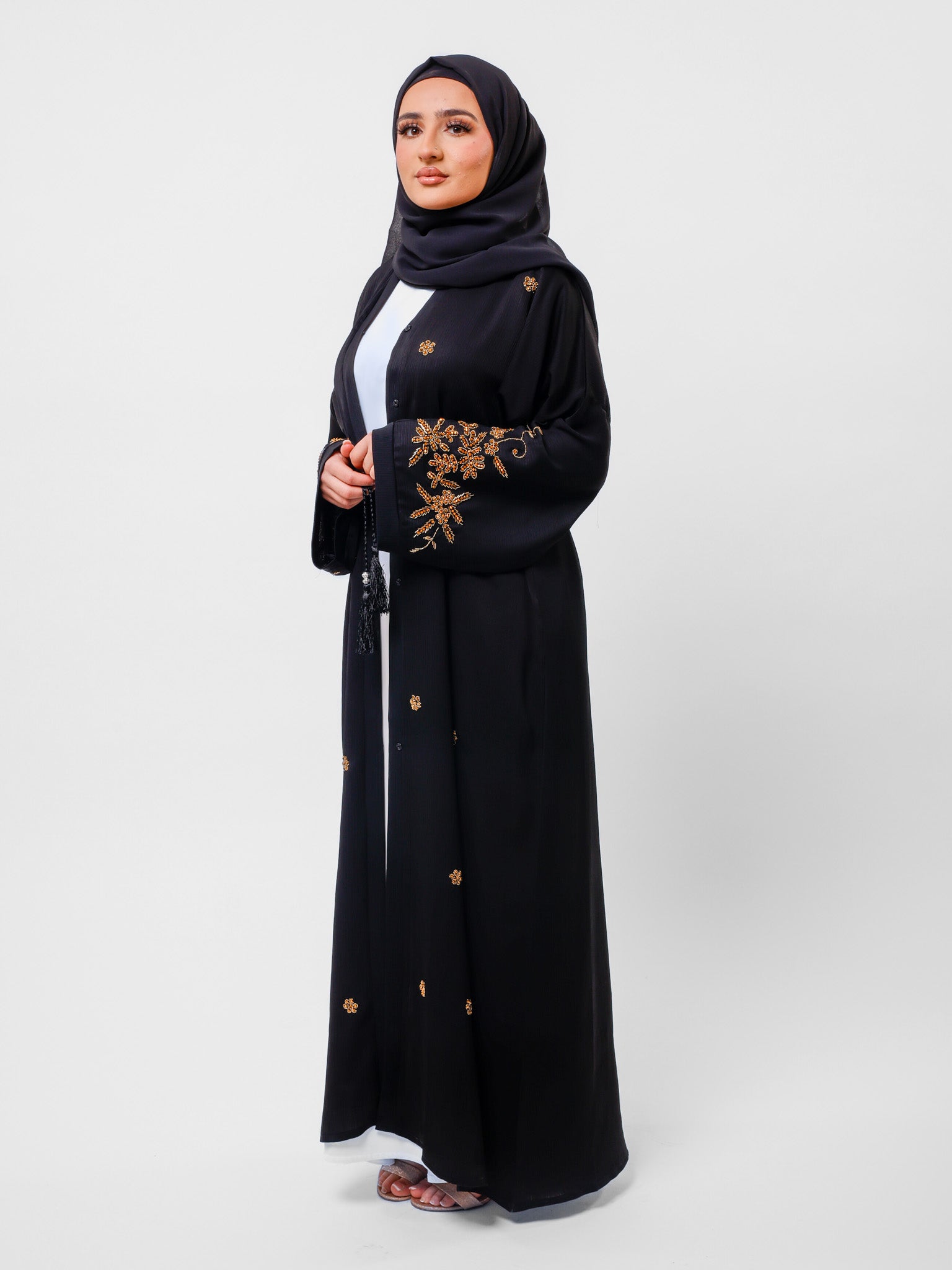 Premium Black Open Abaya With Gold Detailed Cuffs