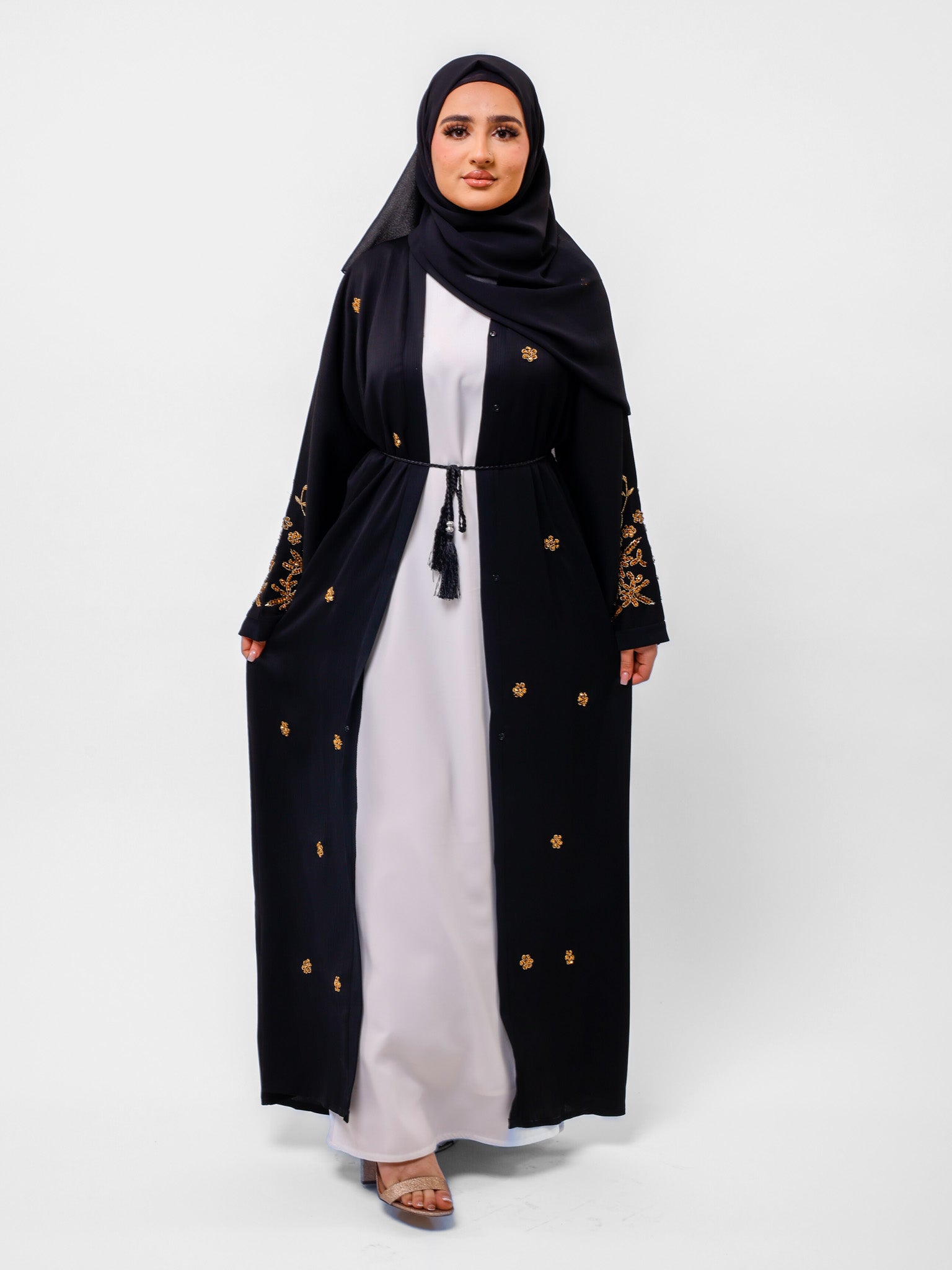 Premium Black Open Abaya With Gold Detailed Cuffs