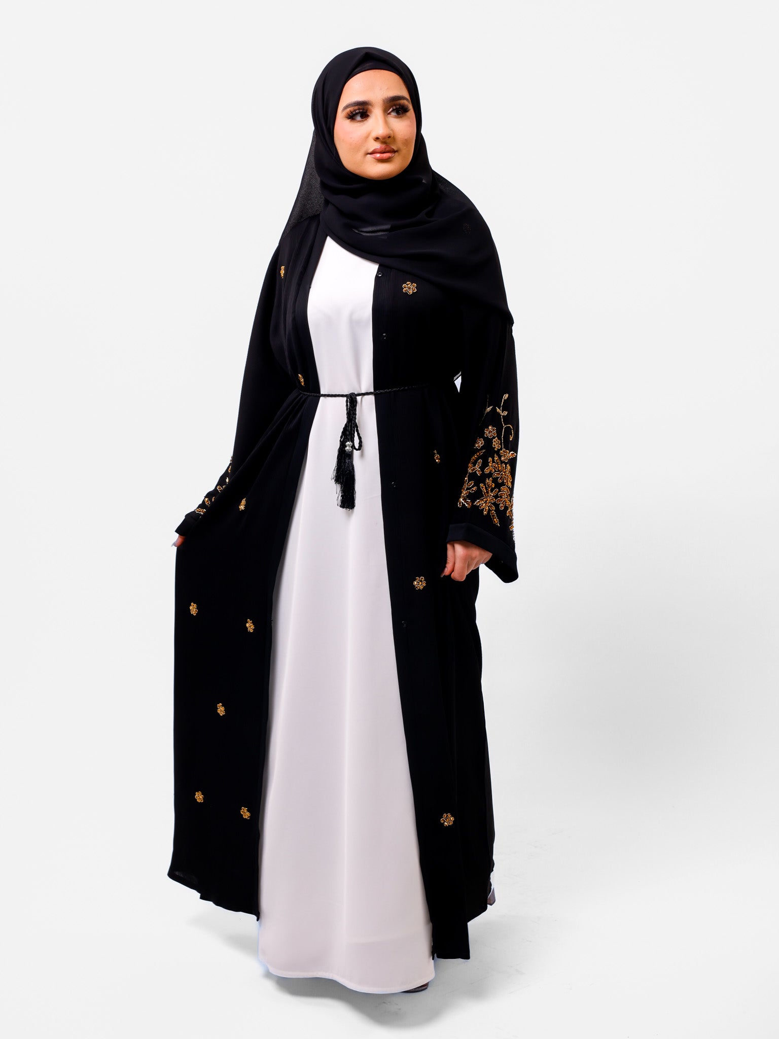 Premium Black Open Abaya With Gold Detailed Cuffs