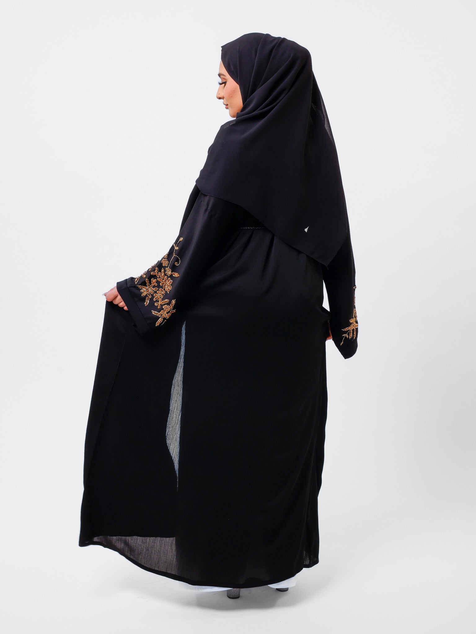 Premium Black Open Abaya With Gold Detailed Cuffs