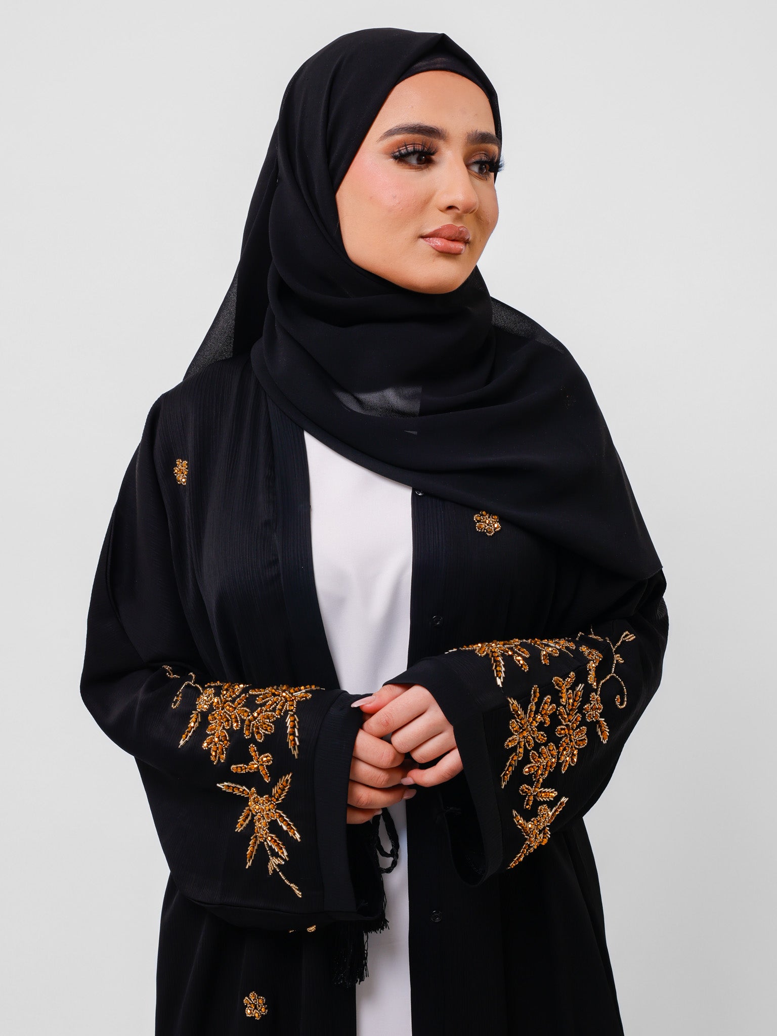 Premium Black Open Abaya With Gold Detailed Cuffs