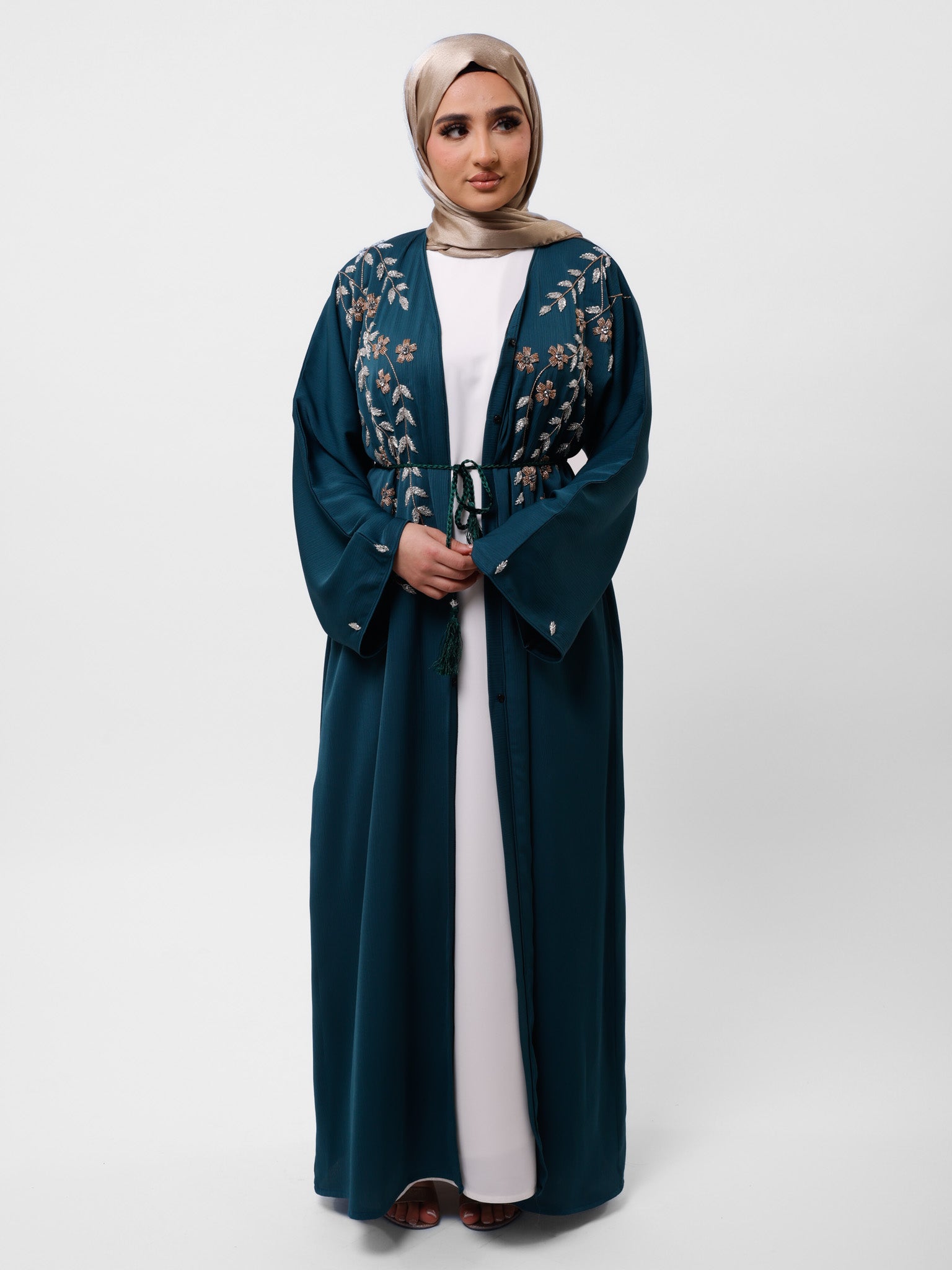 Smokey grey lace open abaya – JanCollection