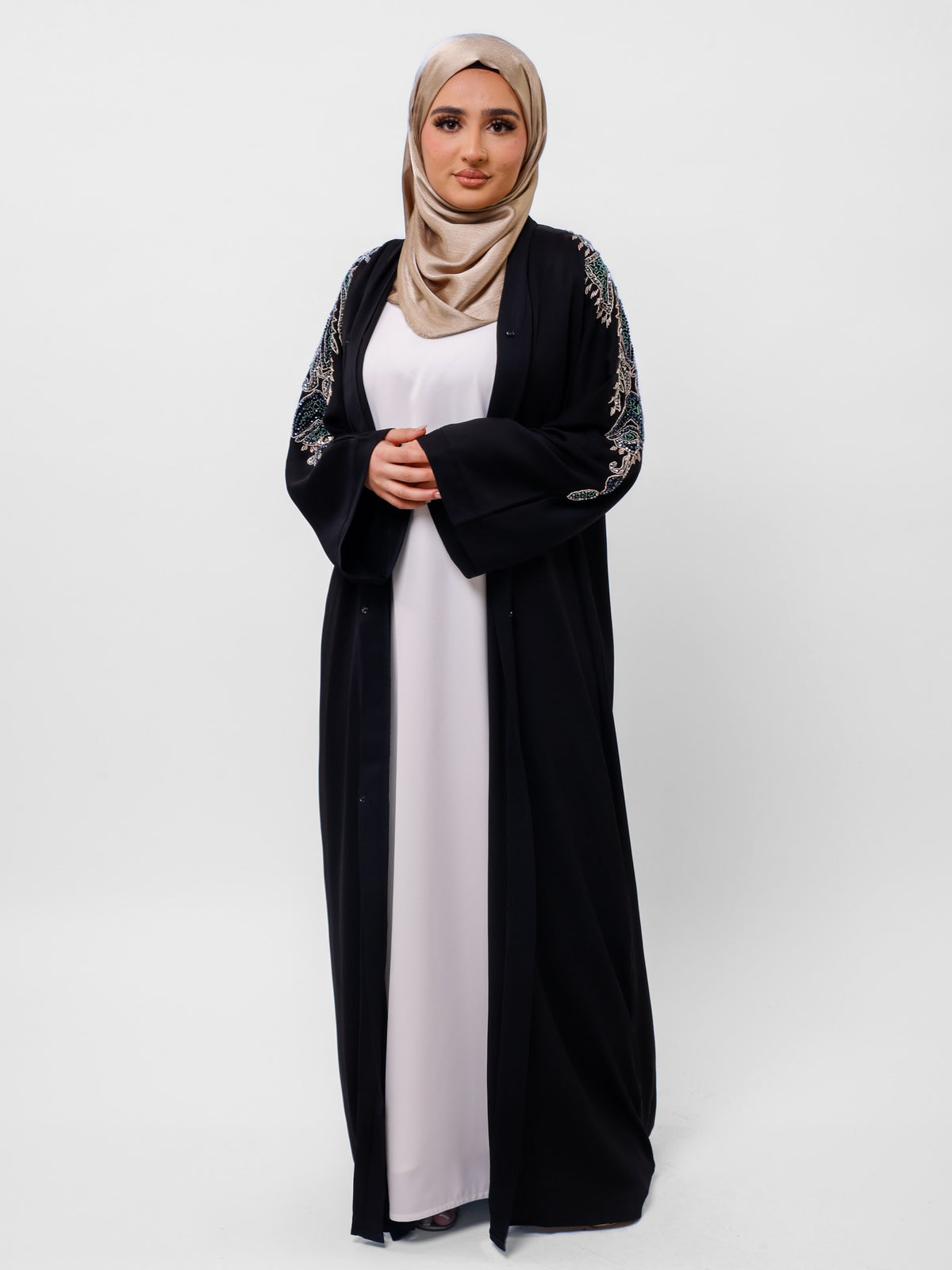 Premium Shoulder Embellished Black Open Abaya