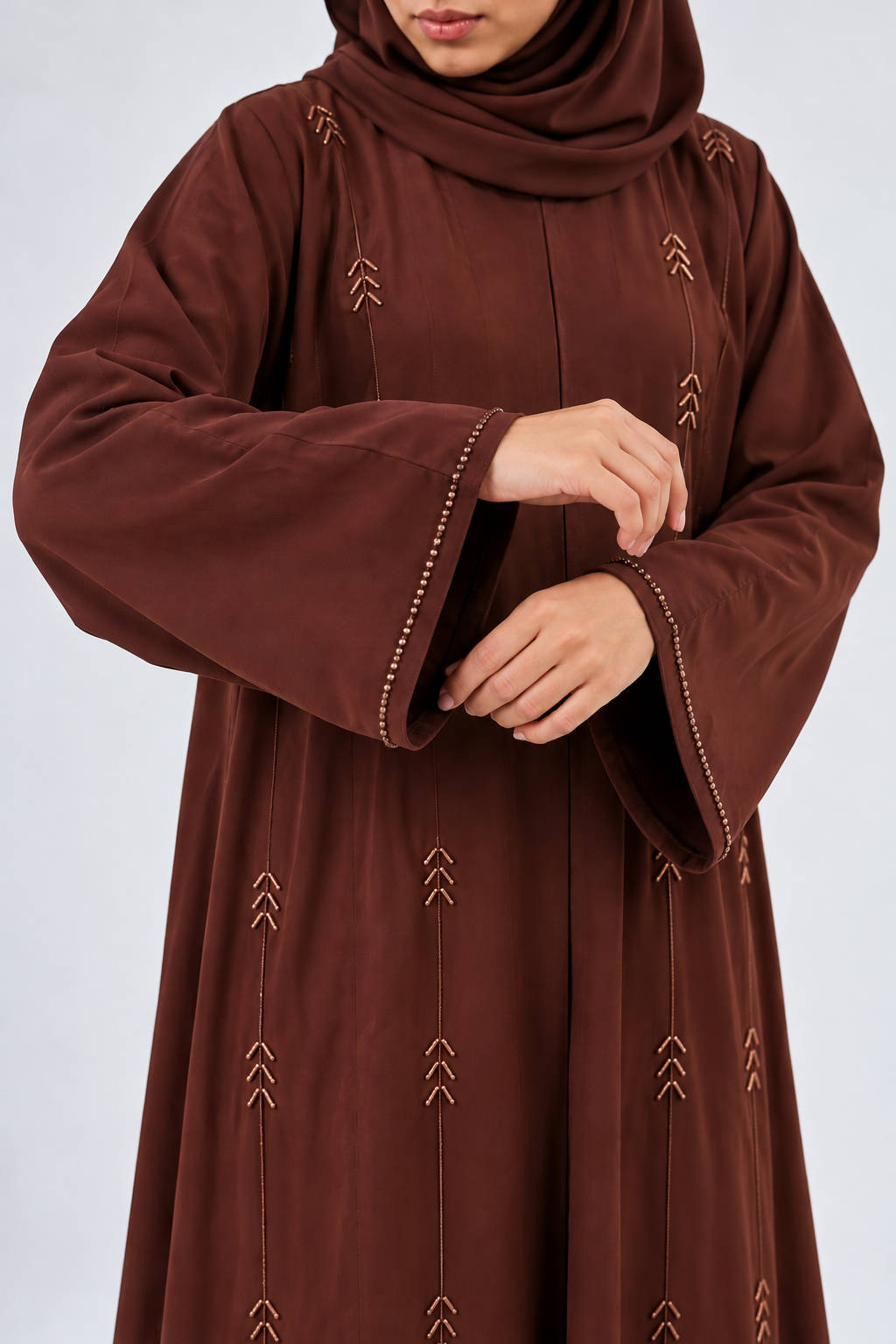 Zahra Embellished Open Abaya - Chestnut Brown