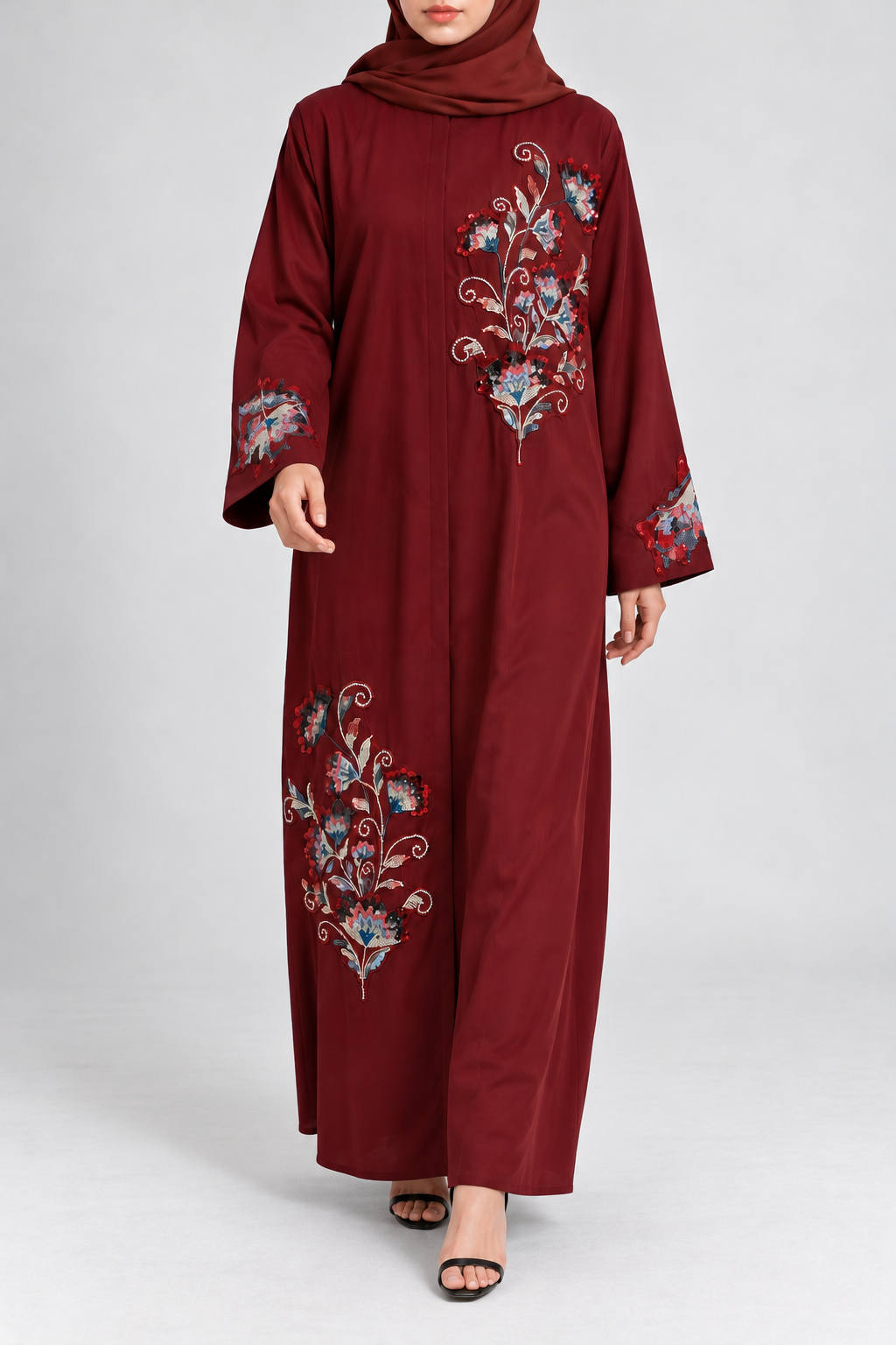 Burgundy Floral Embellished Abaya