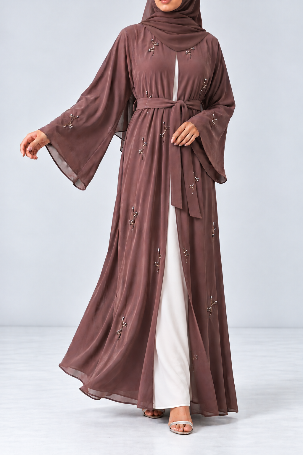 Elara Embellished Chiffon Abaya - Dusty Mauve