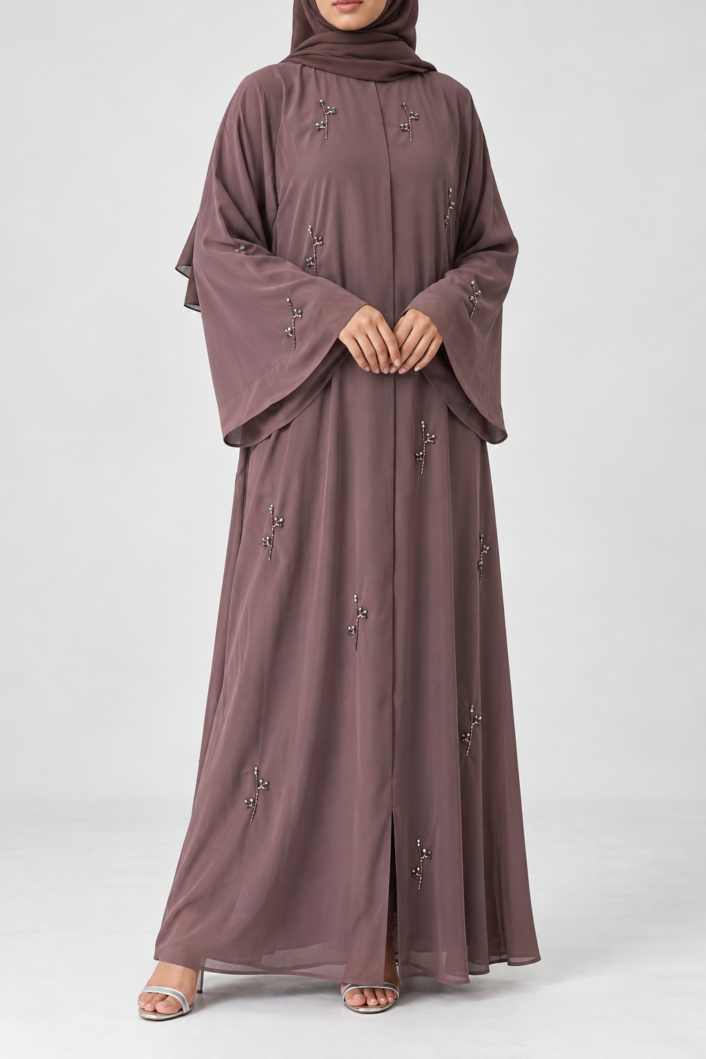 Elara Embellished Chiffon Abaya - Dusty Mauve