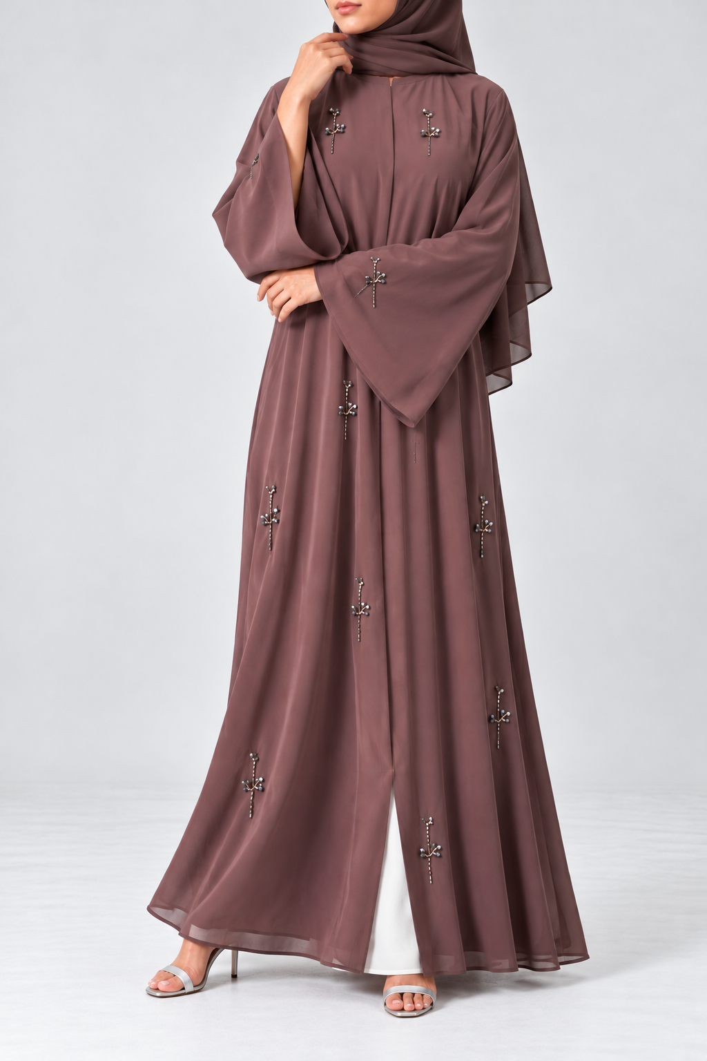 Elara Embellished Chiffon Abaya - Dusty Mauve