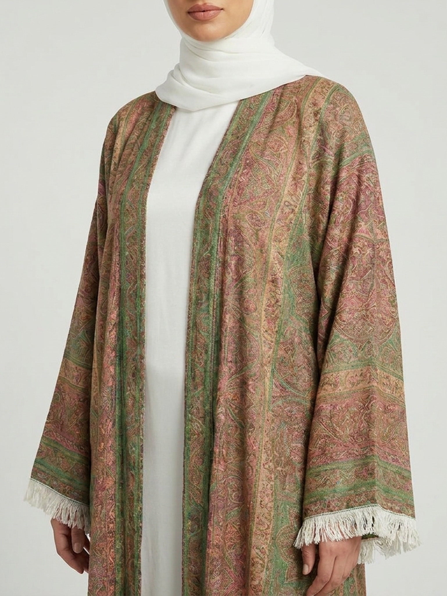 Olive rose Pashmina Frayed Open Abaya