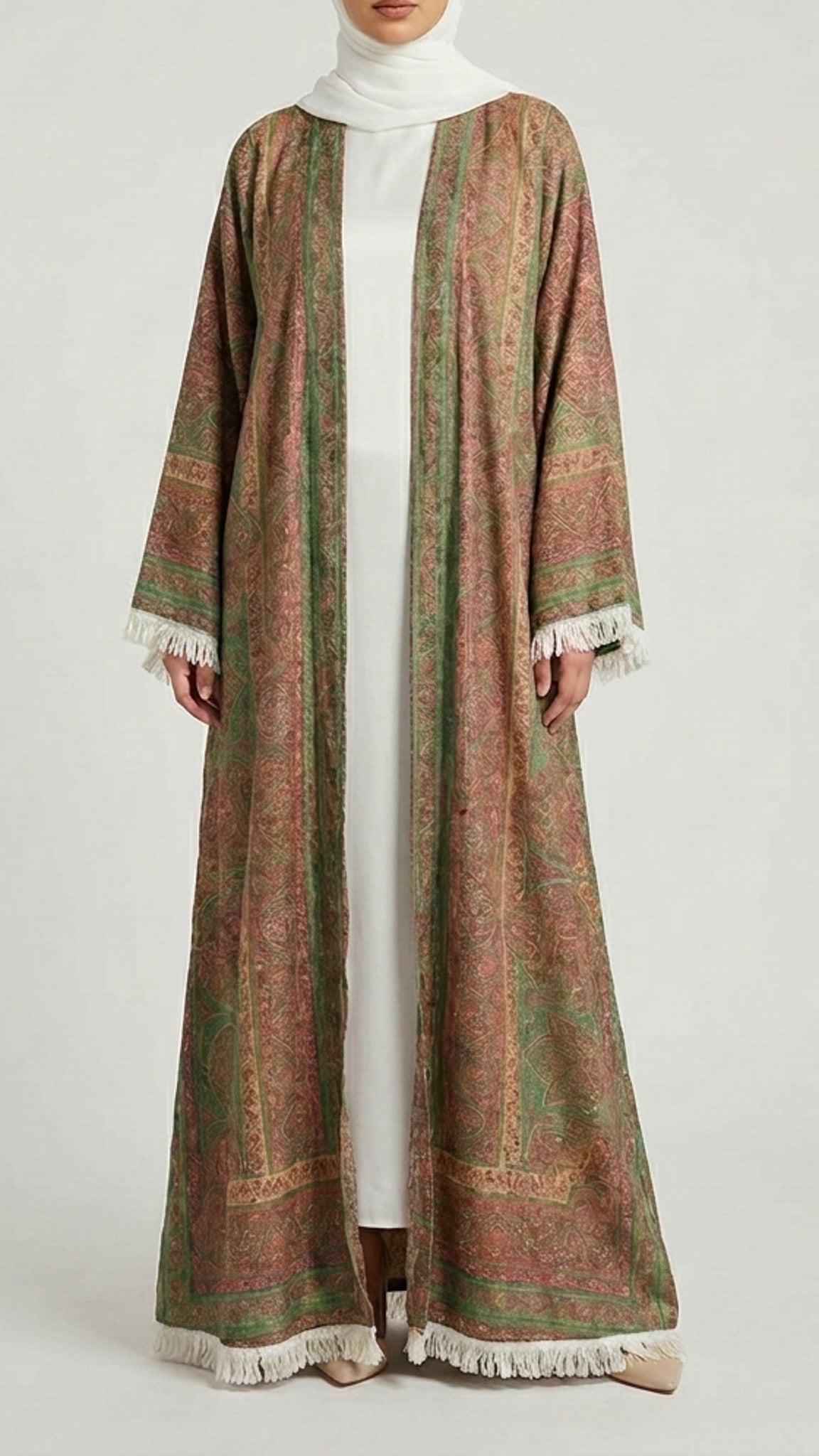 Olive rose Pashmina Frayed Open Abaya