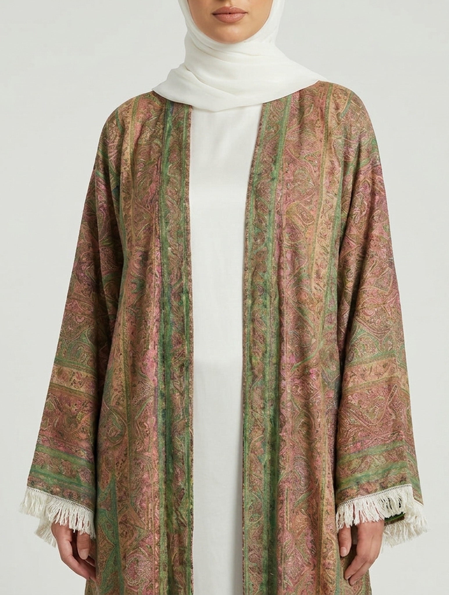 Olive rose Pashmina Frayed Open Abaya