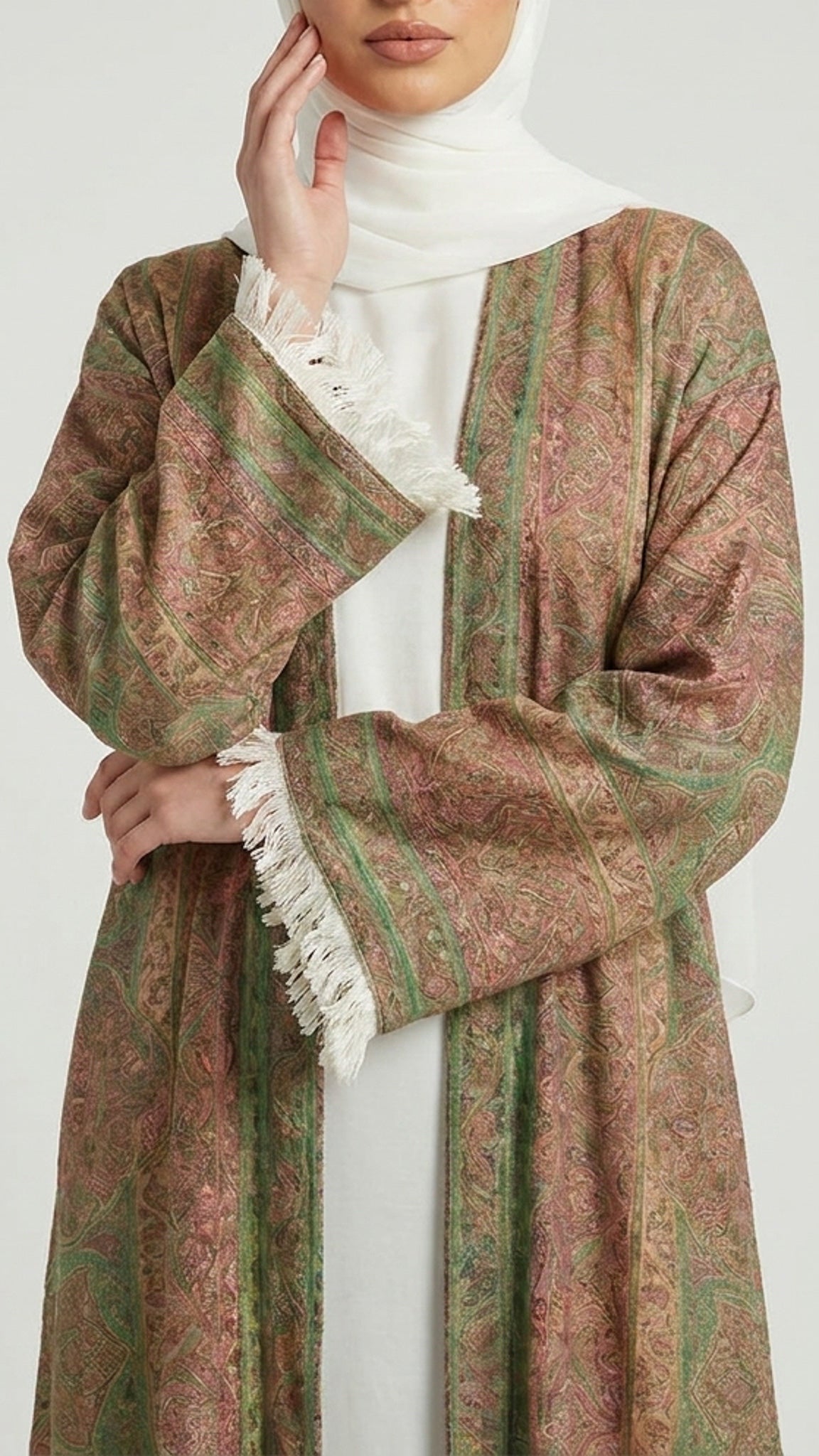 Olive rose Pashmina Frayed Open Abaya