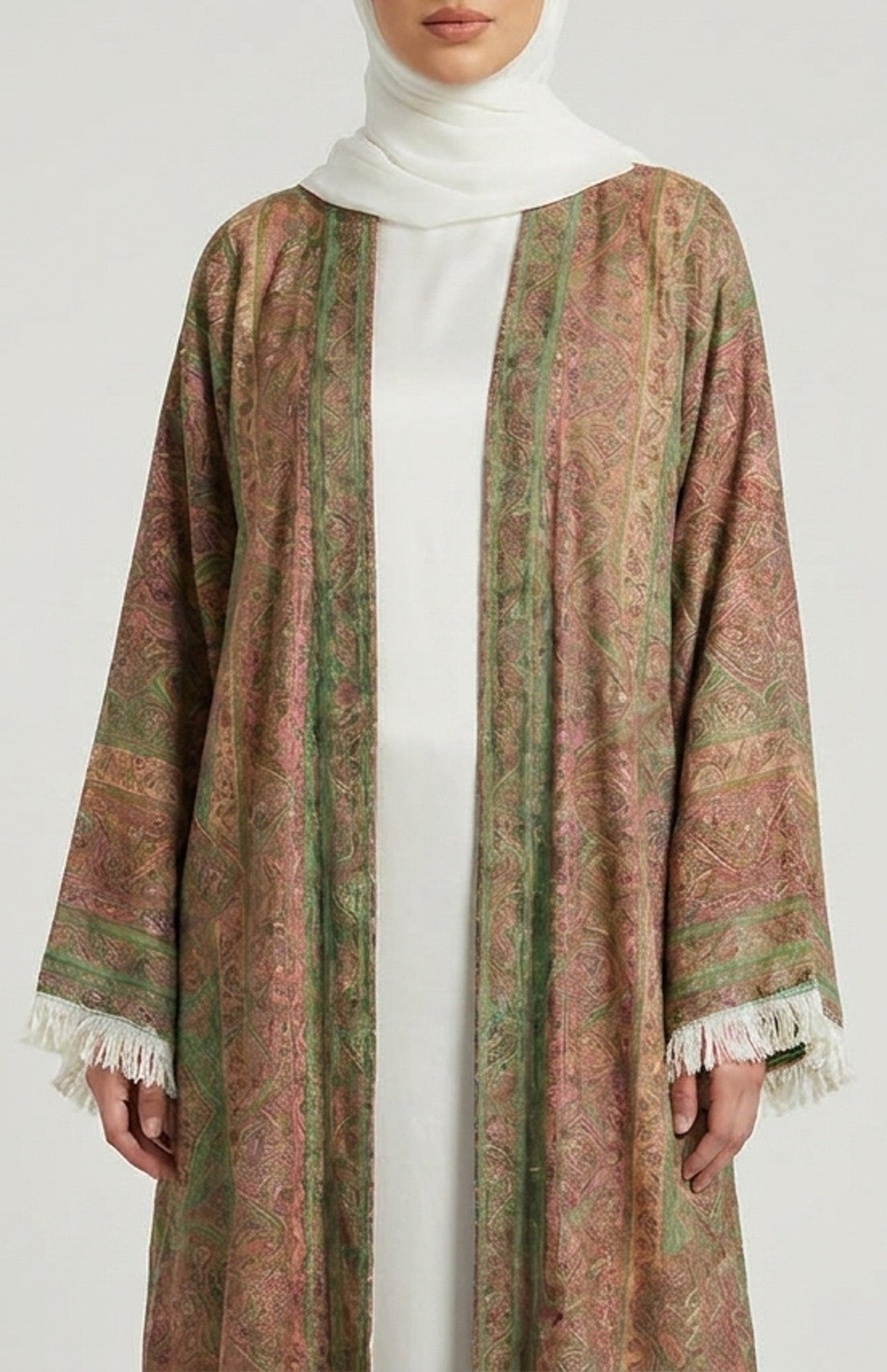 Olive rose Pashmina Frayed Open Abaya