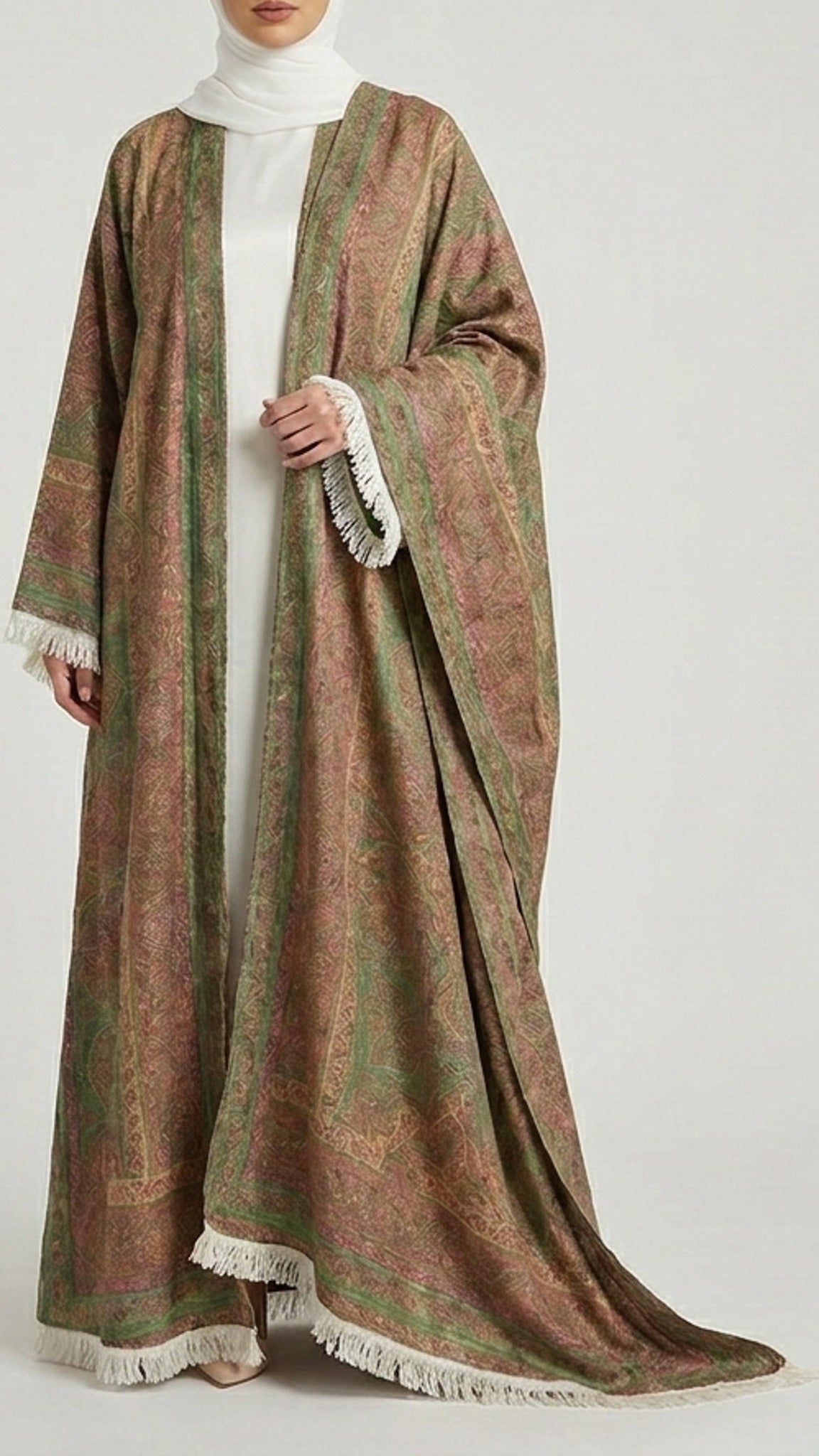 Olive rose Pashmina Frayed Open Abaya