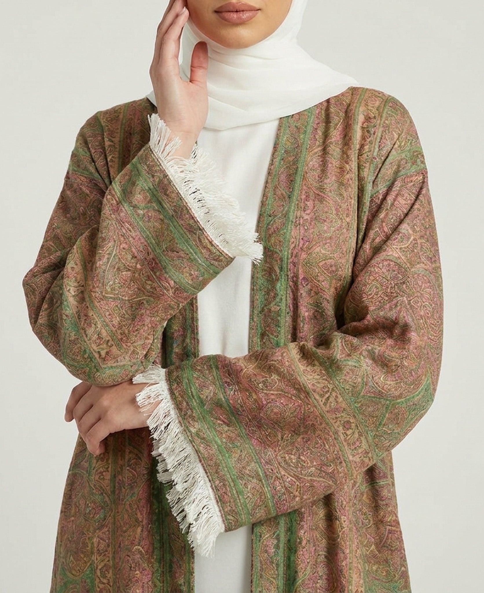 Olive rose Pashmina Frayed Open Abaya