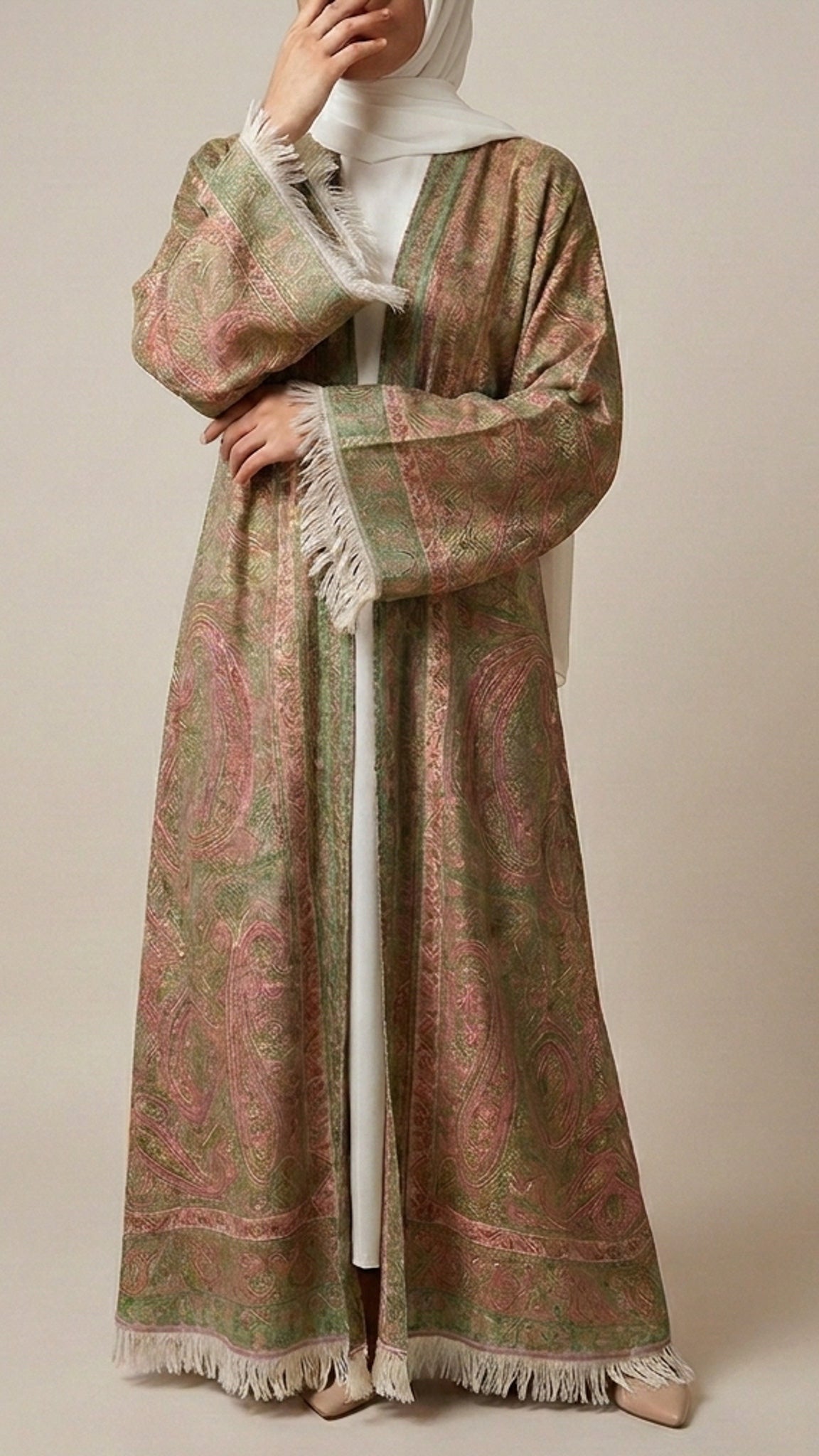 Olive rose Pashmina Frayed Open Abaya
