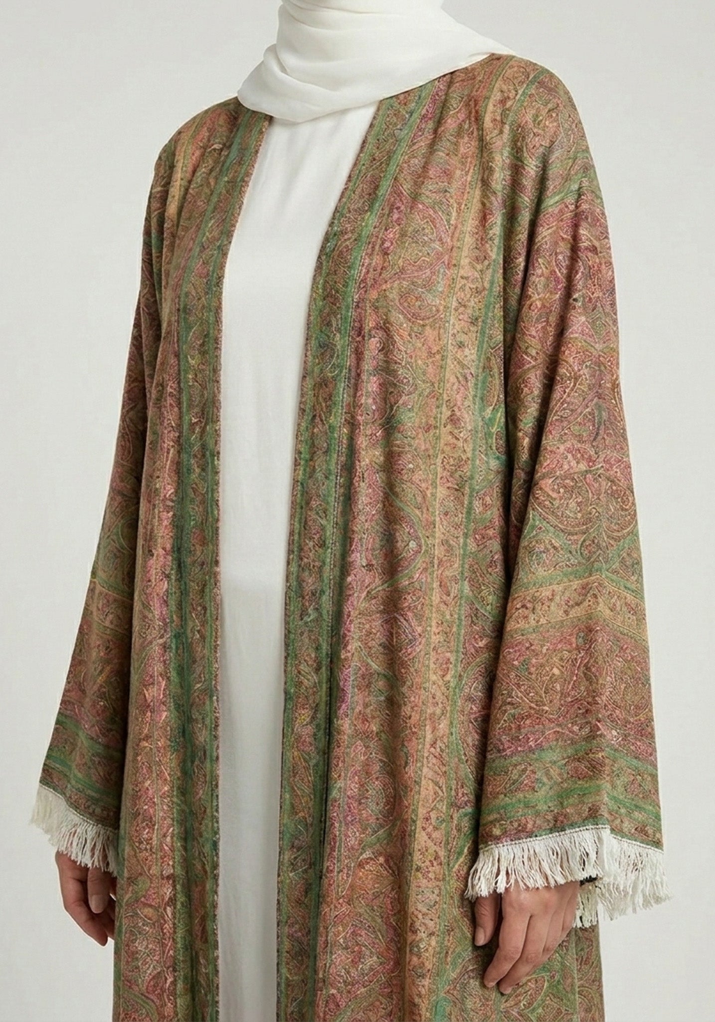 Olive rose Pashmina Frayed Open Abaya