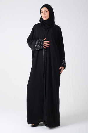 Black Batwing Abaya with 3D Embellished Cuffs