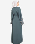 Forest green open abaya with detailed embellishments back view