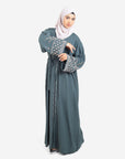 Forest green open abaya with detailed embellishments front view