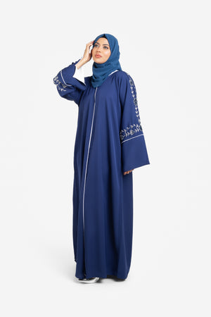 Navy embellished open abaya with split cuffs front view