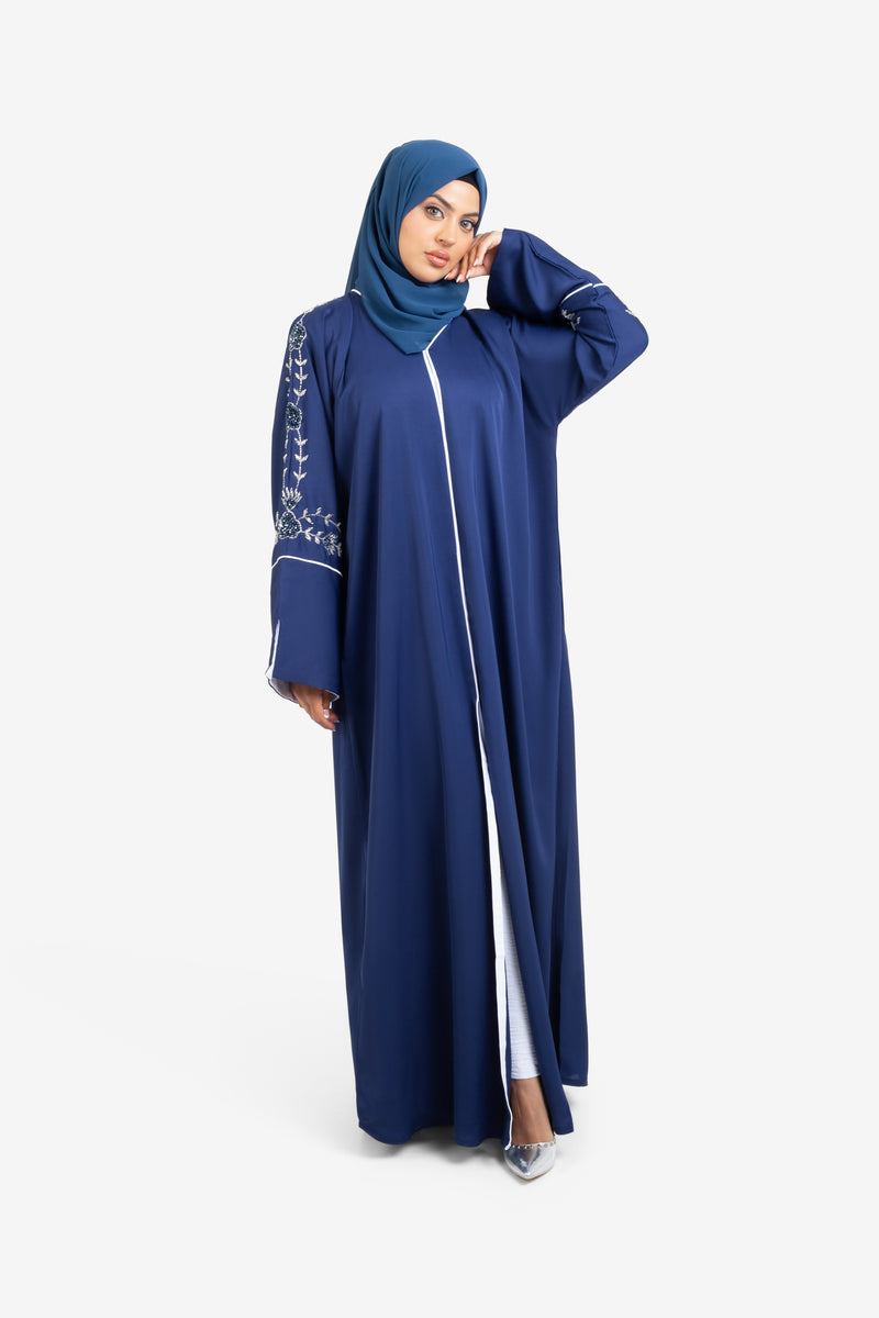 Navy embellished open abaya with split cuffs front view