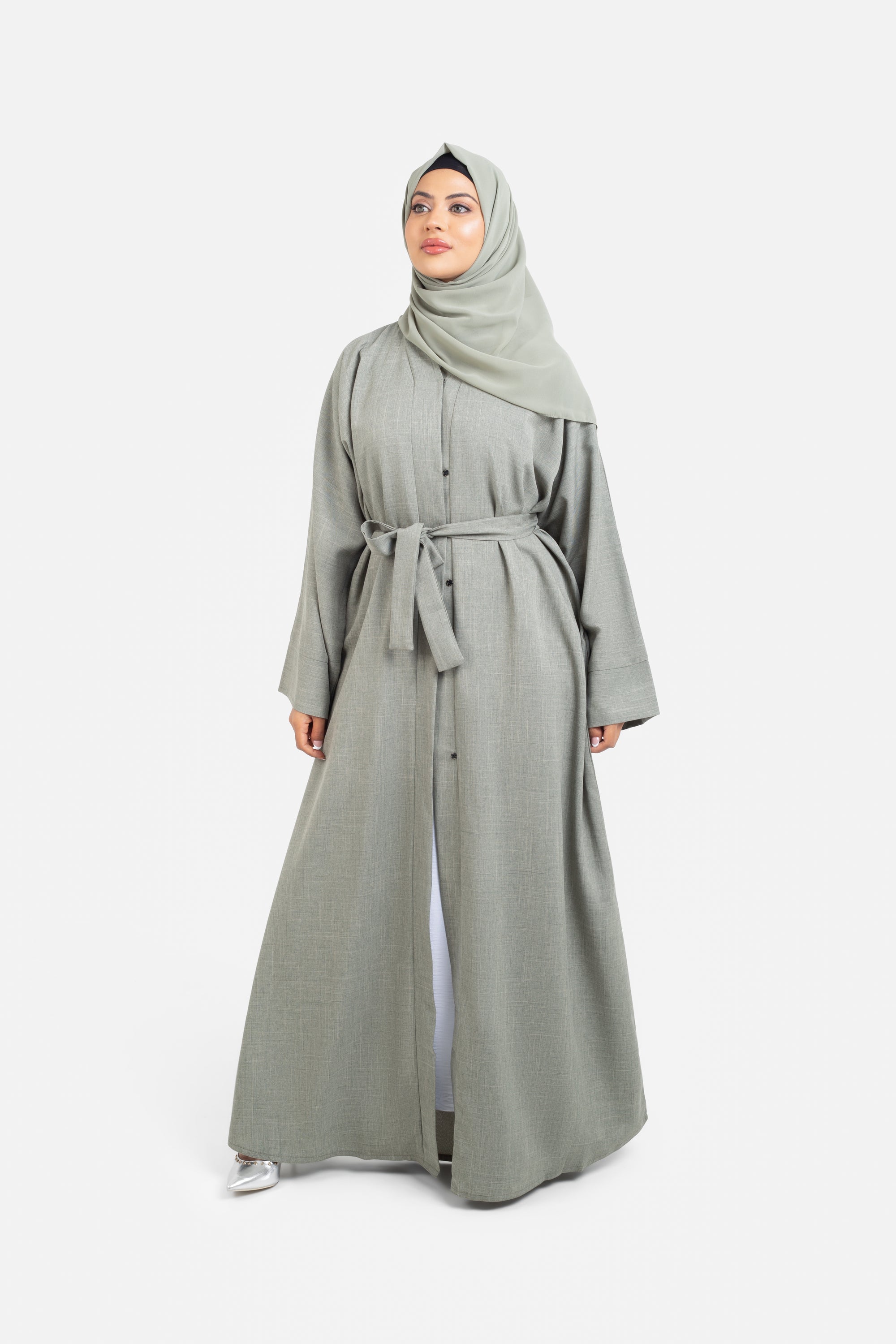 Plain khaki open abaya front view