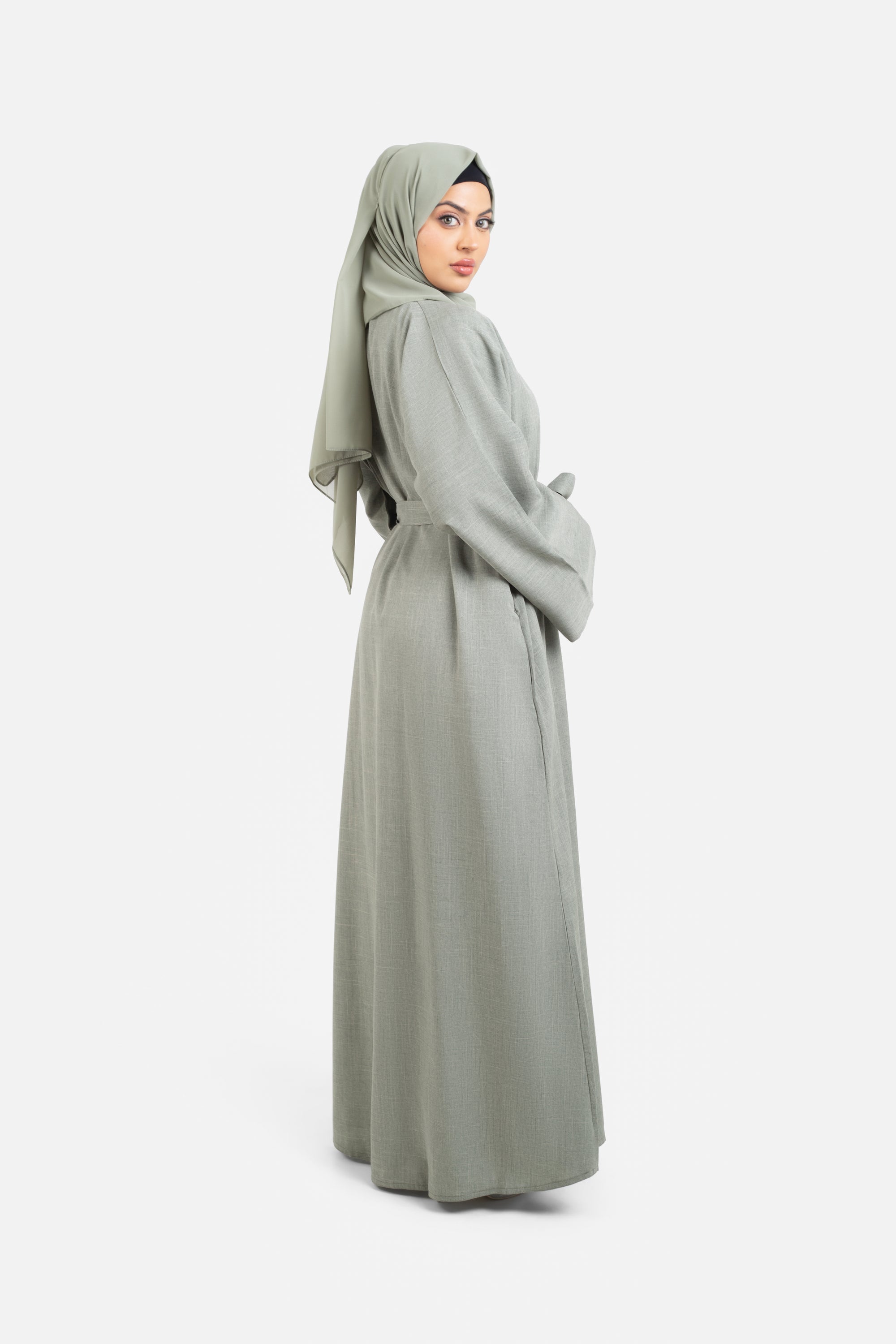 Plain khaki open abaya side view