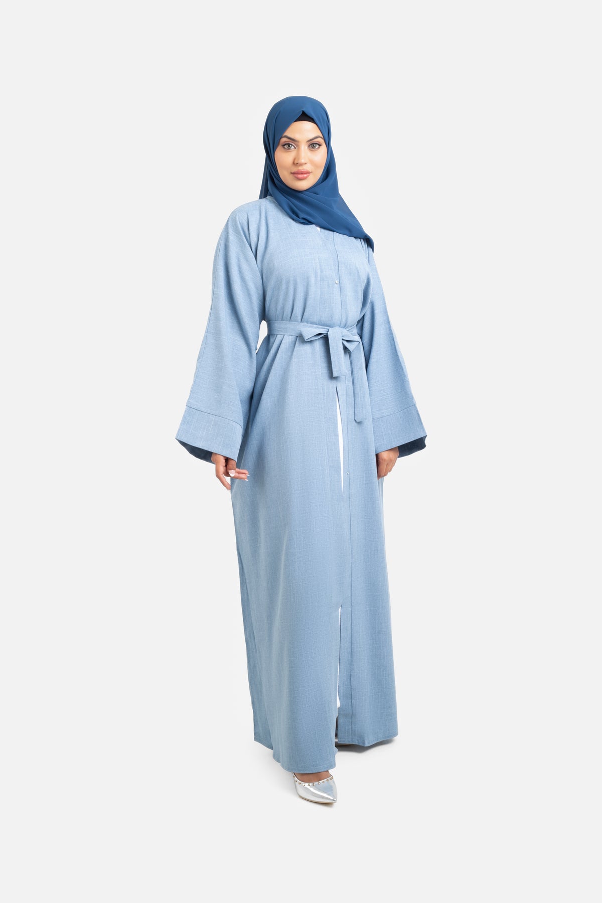 Plain sky blue open abaya front view