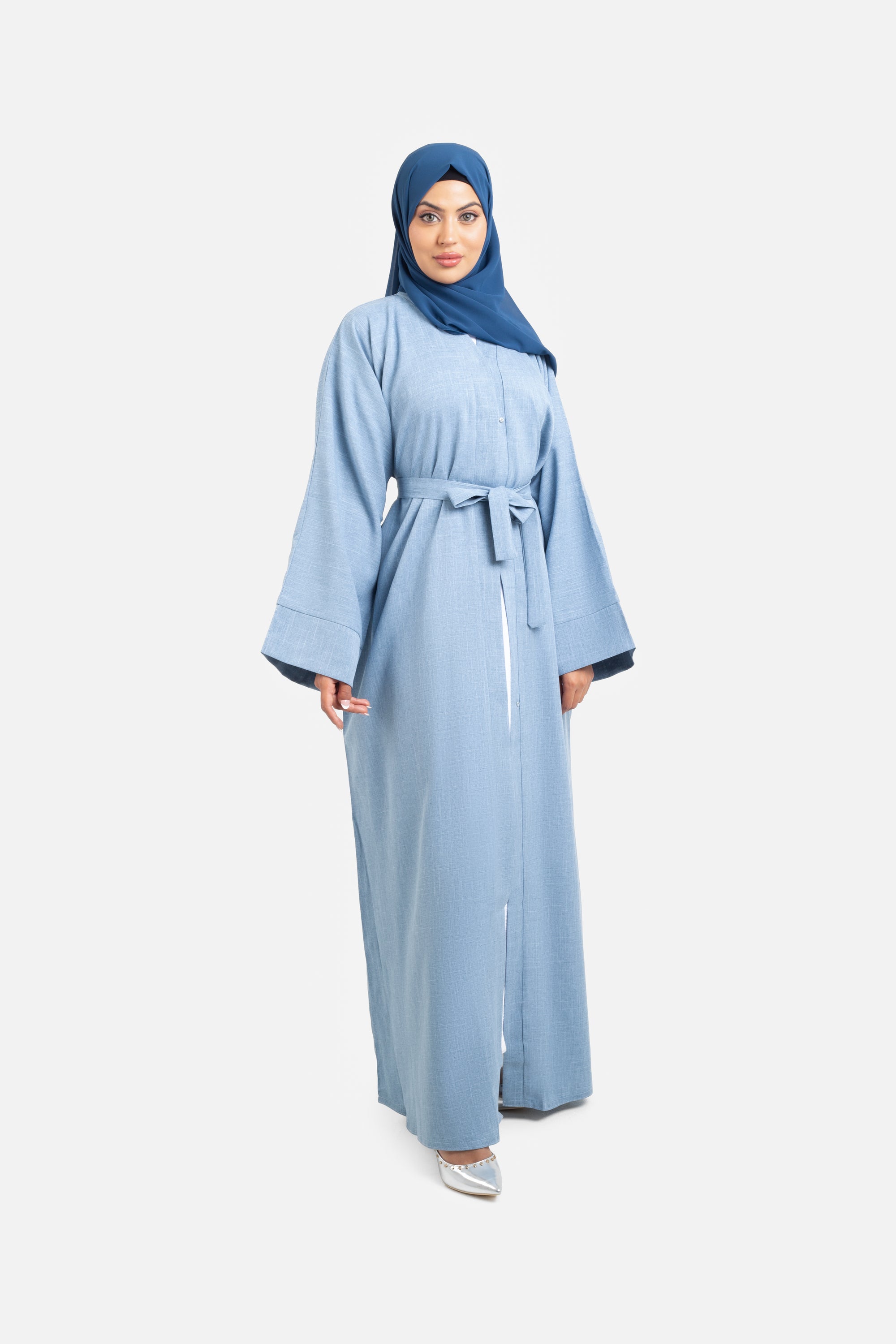 Plain sky blue open abaya front view